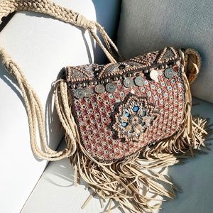 New With Tag Beige Mogara Boho Purse Bag Leather Beaded Fringe!